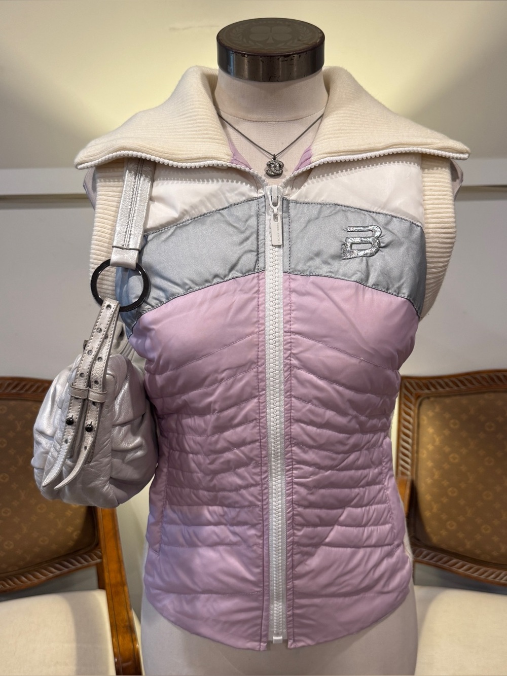 Vintage bebe Pink, Silver & Cream Quilted Knit Down Puffer Vest, Size M